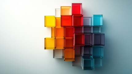 Colorful translucent cubes arranged in a gradient pattern on a soft background, creating a visually striking and modern abstract design