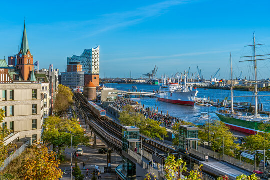 Hamburg, Germany. Aerial view of the harbor with piers and subway.