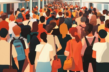 Vibrant semi flat vector illustration capturing the hustle and bustle of a crowded metro scene