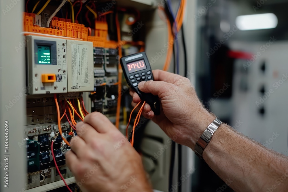 Poster electrician inspecting high voltage circuit board with digital multimeter in industrial setting