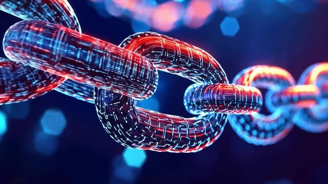Digital Chain: A mesmerizing 3D rendering of a digital chain, comprised of glowing binary code, represents the interconnectedness of data in the digital realm. Each link pulsates with vibrant hues.