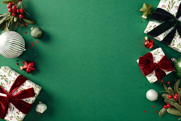 Christmas flat lay with wrapped gifts, red and green ornaments, and holly berries on a green...
