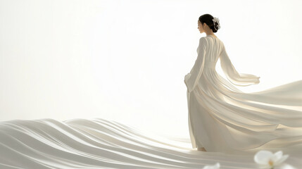 Serene woman in flowing white qipao graceful posture peaceful expression