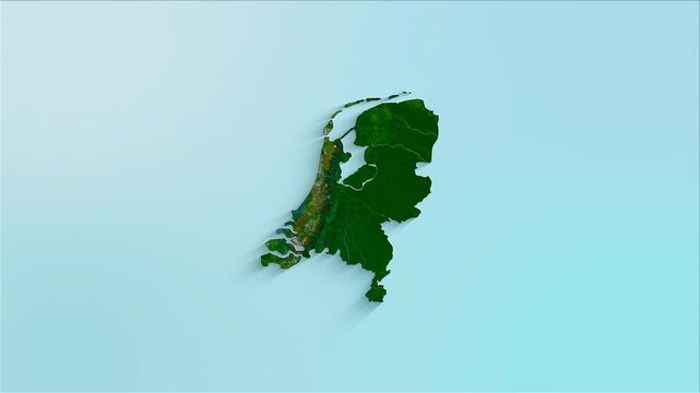 Netherlands animated map showing regions forming the country with a physical map background and a chroma key alpha channel.