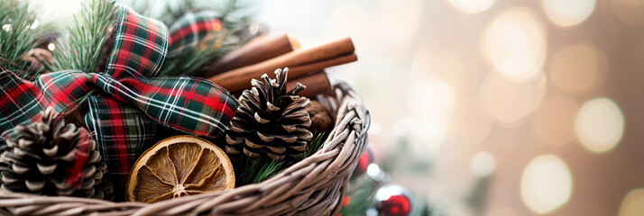 Fototapeta premium Christmas Basket with Pinecones and Cinnamon Sticks