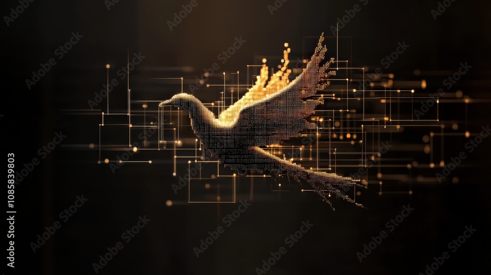Fototapete Digital Bird Flying Through Abstract Background with Binary Code Elements and Glowing Particles Representing Technology and Freedom in Modern Art