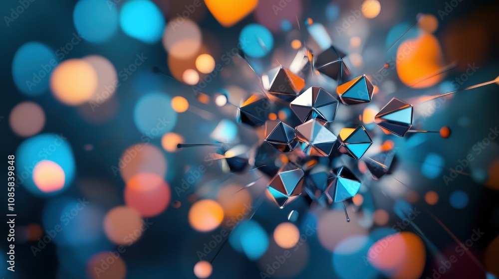 Poster Abstract composition of geometric shapes with vibrant colors on a blurred background, creating a dynamic and visually captivating effect for digital art projects.