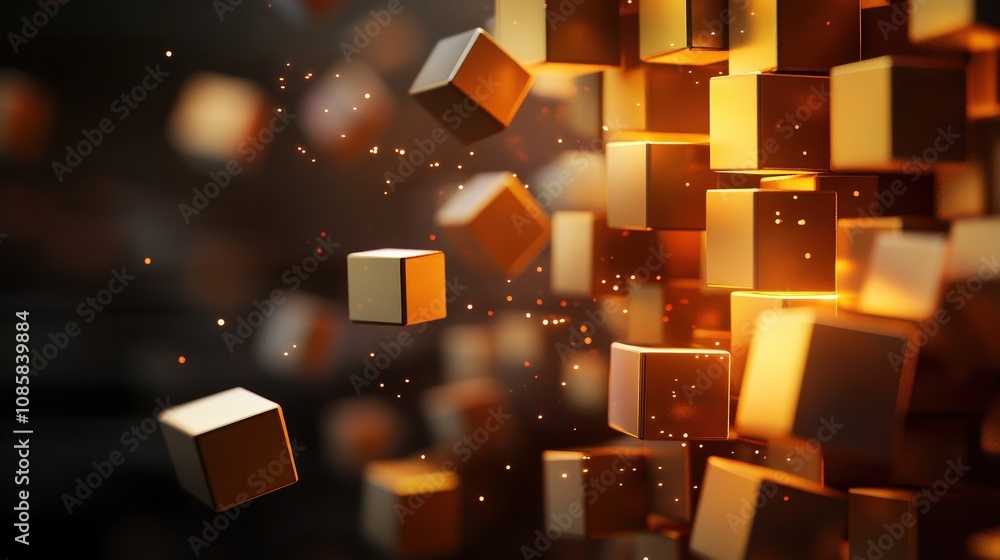 Poster Abstract 3D Render of Floating Golden Cubes with Glowing Particles Against a Dark Background, Creating a Dynamic and Modern Visual Effect for Creative Projects