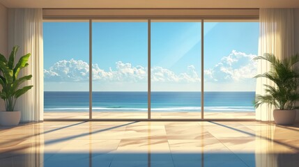 Ocean View from a Modern Room with White Curtains and Plants
