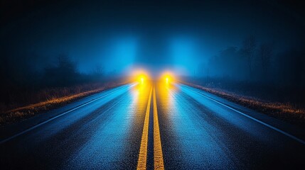 Obraz premium dramatic scene of headlights illuminating a dark, foggy road at night