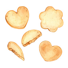 A set of hand-drawn watercolor shortbread cookies on a white background. Perfect for design