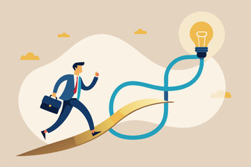 businessman running on path leading to light bulb symbolizing idea and innovation vector illustration.

