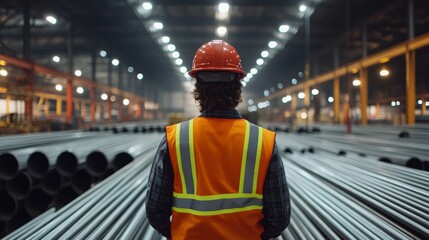Obraz premium Industrial worker in hard hat and safety vest overseeing rows of metal pipes in a factory.