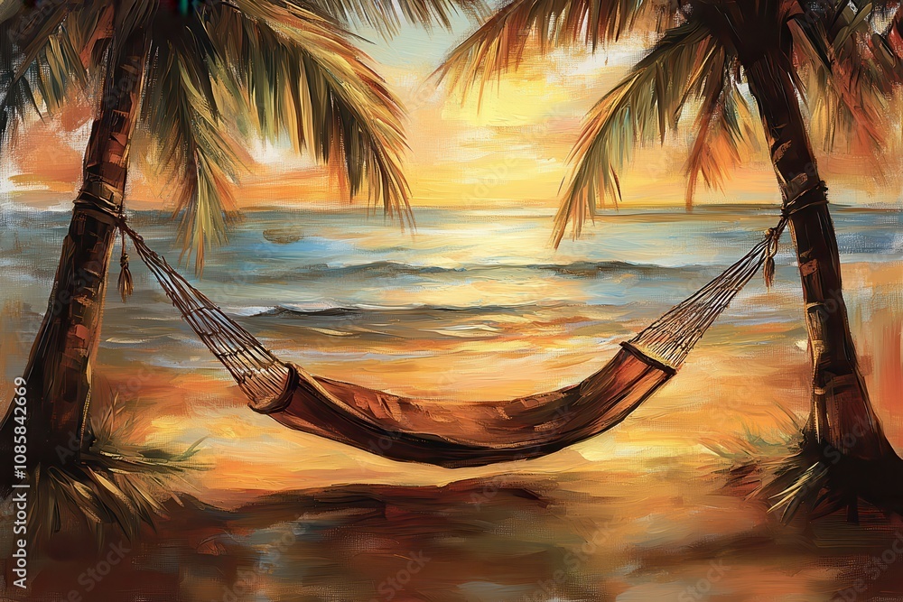 Poster tropical beach scene with hammock and palm trees