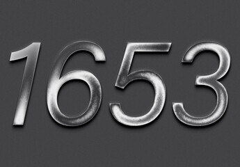 Chrome metal 3D number design of 1653 on grey background.