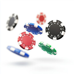 A dynamic collection of colorful poker chips falling through the air, representing fun and strategy in gambling and gaming. isolated on white background.