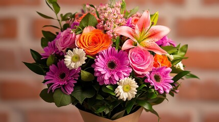 Vibrant bouquet of lilies, roses, daisies in kraft paper with "Beauty in Every Bloom" tagline.