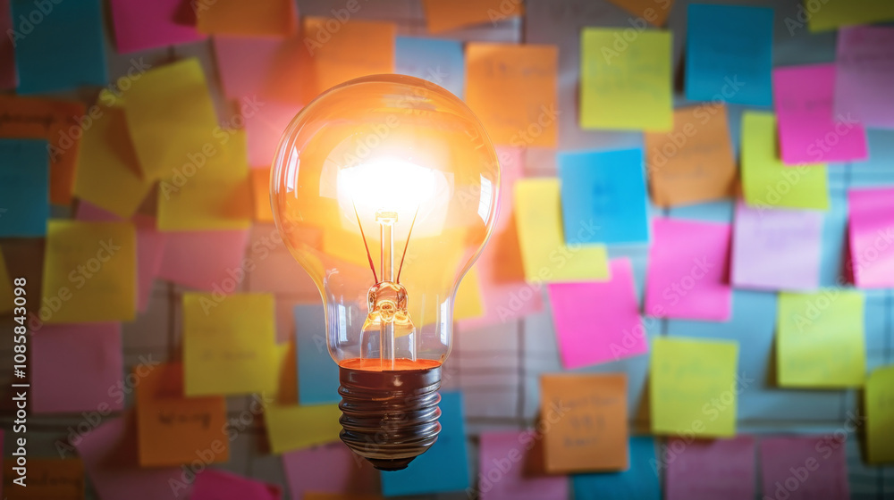 Poster a light bulb is lit up in front colorful sticky notes, brainstorming and solution idea concept.