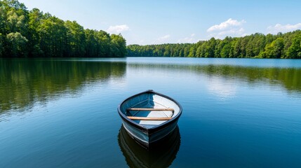Fototapeta premium Family enjoying a calm lake boat ride on a bright Sunday afternoon.
