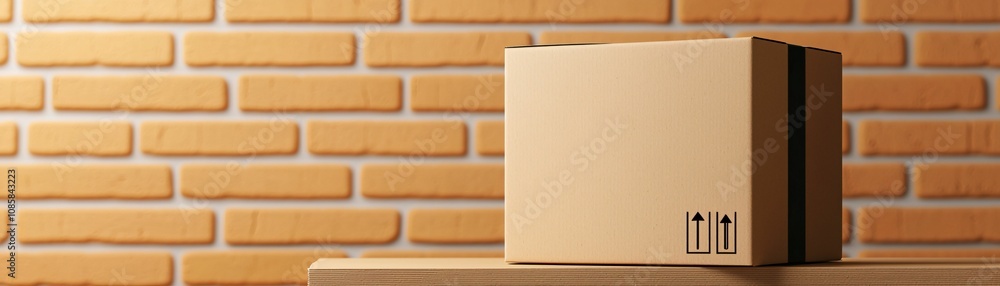 Aufkleber delivery and movement cardboard box concept. a simple stack of brown cardboard boxes rests on a shel