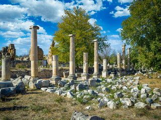 The ruins of Aphrodisias Ancient city (Afrodisias) in Turkey. The old city was named after Aphrodite, the Greek goddess of love. The ruins of the amphitheater
