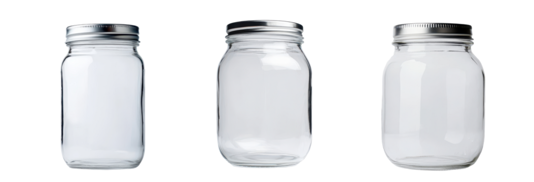 Three empty glass jars with metal lids for storage, preserving food, or DIY projects. transparent background