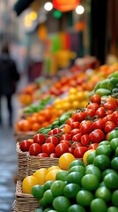 Vibrant market stall with fresh fruits and vegetables on display, AI