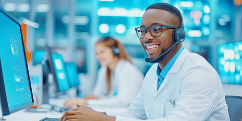 Smiling medical professional wearing headset and lab coat working at computer in modern healthcare call center. Blue toned office environment