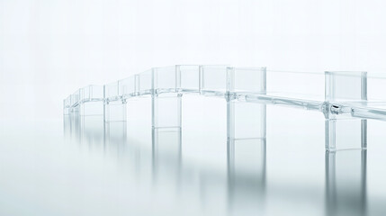A modern transparent bridge design over a reflective surface creating a minimalistic architectural view