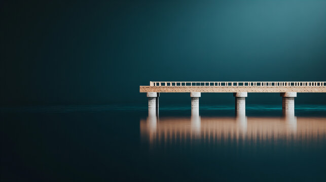 A serene wooden pier extends into calm waters under a tranquil blue sky during early morning light at a peaceful lakeside location