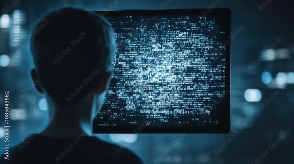 Leinwandbilder Child with Back to Camera Observing Glowing Code on Screen in Darkroom, Exploring Technology and Computer Programming Concepts in a Futuristic Environment
