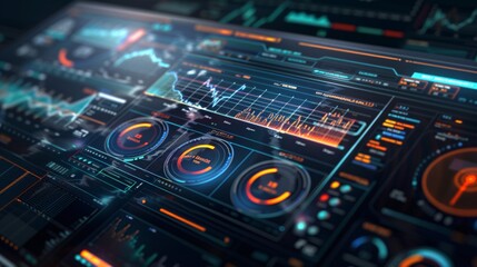 Obraz premium Closeup view of a sleek futuristic digital dashboard interface displaying various charts graphs and data analytics elements