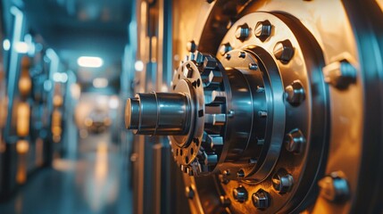 Fototapeta premium Closeup view of intricate industrial machinery with gears cogs and mechanical parts in a high tech engineering workshop or factory setting Concept of precision engineering manufacturing