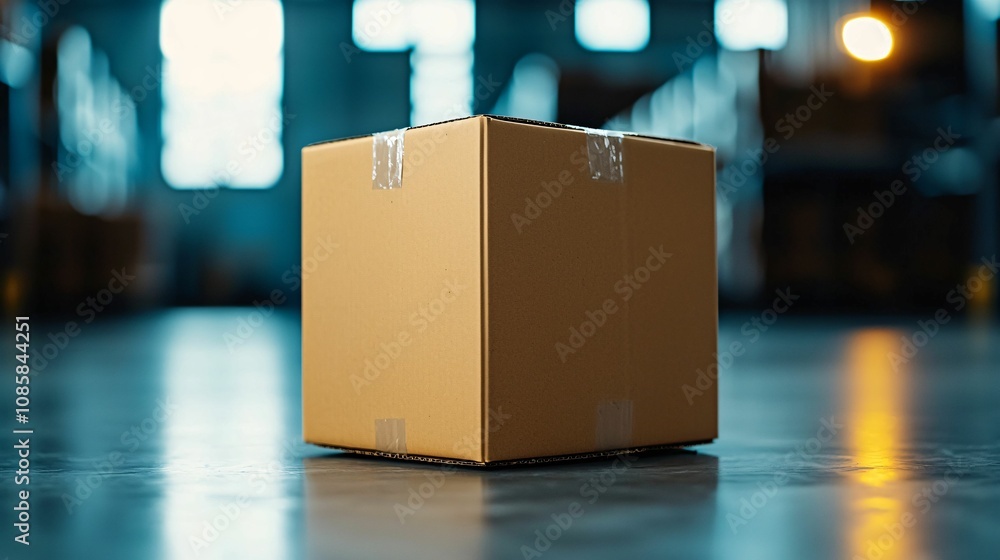 Aufkleber delivery and movement cardboard box concept. a simple cardboard box stands in a warehouse, illuminat