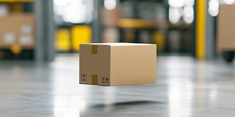 Delivery and movement cardboard box concept. A floating cardboard box in a warehouse setting, showcasing logistics and storage solutions in a modern environment.