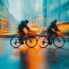 Cycling in the city. Motion blurred people riding bicycles in the city. Urban cycling