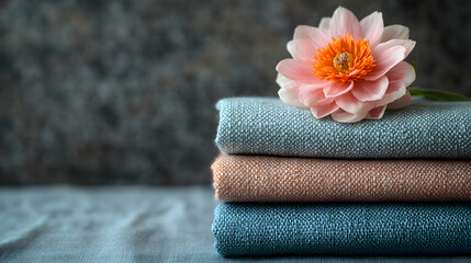 An Appealing Stack of Freshly Laundered Spring Fashion in Lovely Pastel Shades with a Splendid Flower on a Smooth Gray Canvas