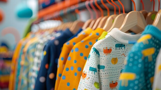 Colorful array of stylish kids  clothing items displayed on hangers in a playful retail setting