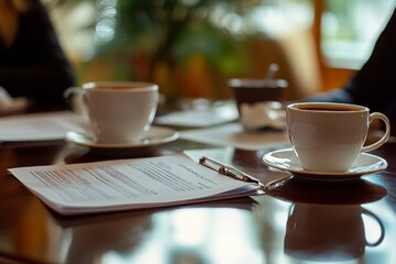 Professional business meeting captured with coffee and essential documents on the conference table