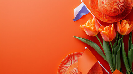 Celebrate Dutch Kings Day with vibrant orange hats, tulip flowers, and flags, creating a festive atmosphere for the national holiday