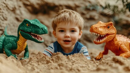 Children playing with dinosaur toys in sandbox, titled "Interactive Dino Play: Explore, Build, Conquer!"