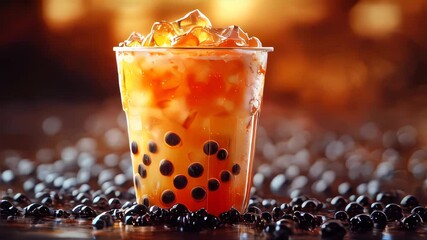A vibrant mango bubble tea with tapioca pearls, ice cubes, and a straw, placed on a textured wooden table