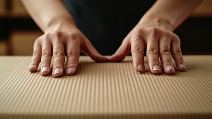 Delivery and movement cardboard box concept. A pair of hands gently pressing down on textured cardboard, emphasizing a focus on tactile experience and craftsmanship.
