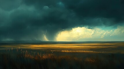 Obraz premium Dramatic Landscape with Dark Storm Clouds and Lightning Over Open Fields, Capturing the Contrast Between Light and Shadow in a Thunderstorm Scene