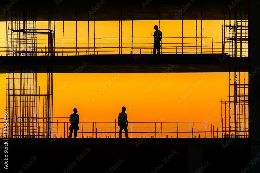 Poster silhouette of a construction site at sunset emphasizing architecture and infrastructure development