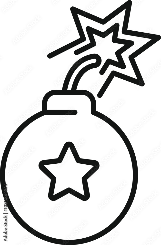 Poster round bomb with burning fuse and star exploding, creating a dangerous and explosive situation