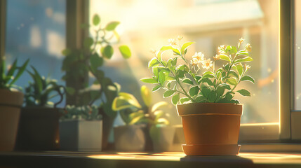 Fototapeta premium Beautiful Anime Manga Illustration of a Plant in a Pot Close-Up