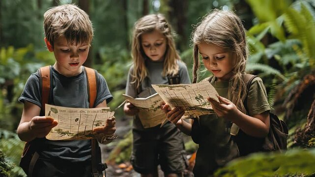 Three children are looking at a map in a forest