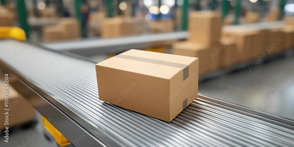Poster delivery and movement cardboard box concept. a cardboard box on a conveyor belt in a warehouse, read