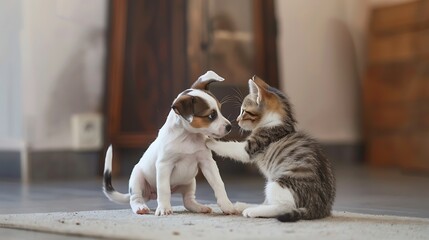 Playful Kitten and Puppy Encounter